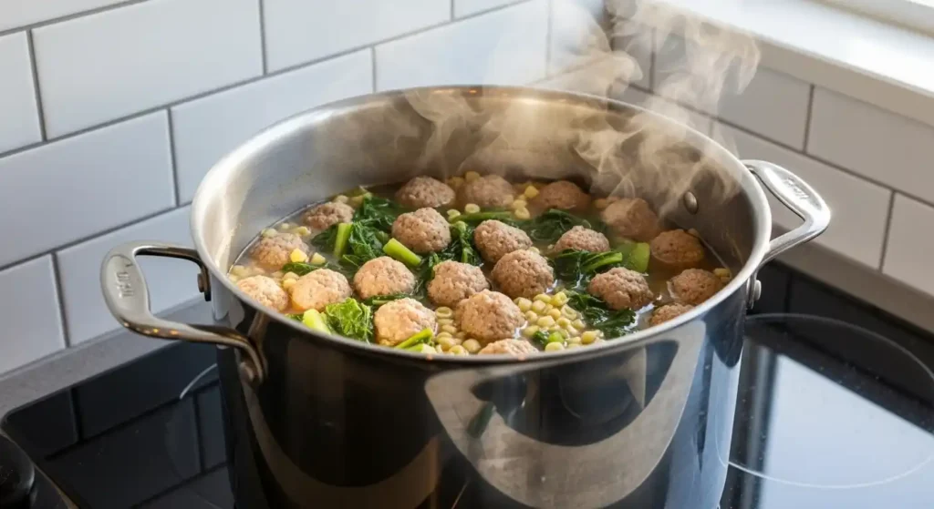 Italian Wedding Soup simmering on modern stovetop Italian Wedding Soup simmering on modern stovetop