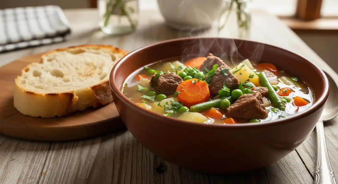serving vegetable beef soup recipe with bread