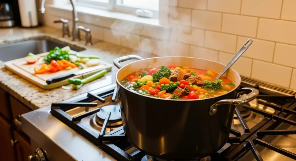 vegetable beef soup simmering on stove