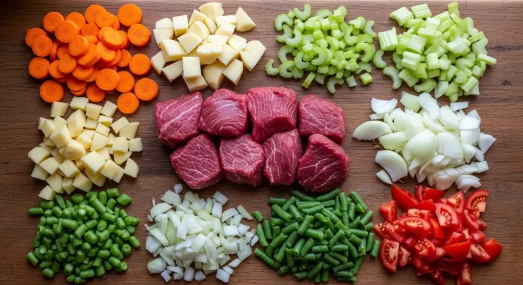 vegetable beef soup ingredients on table