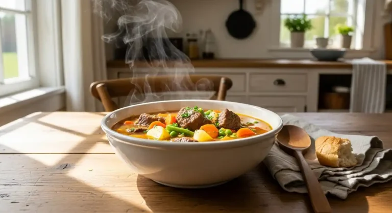 vegetable beef soup recipe in rustic bowl
