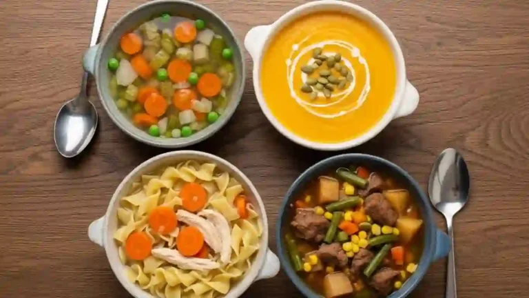 Assorted soup recipes in cozy bowls on a rustic wooden table