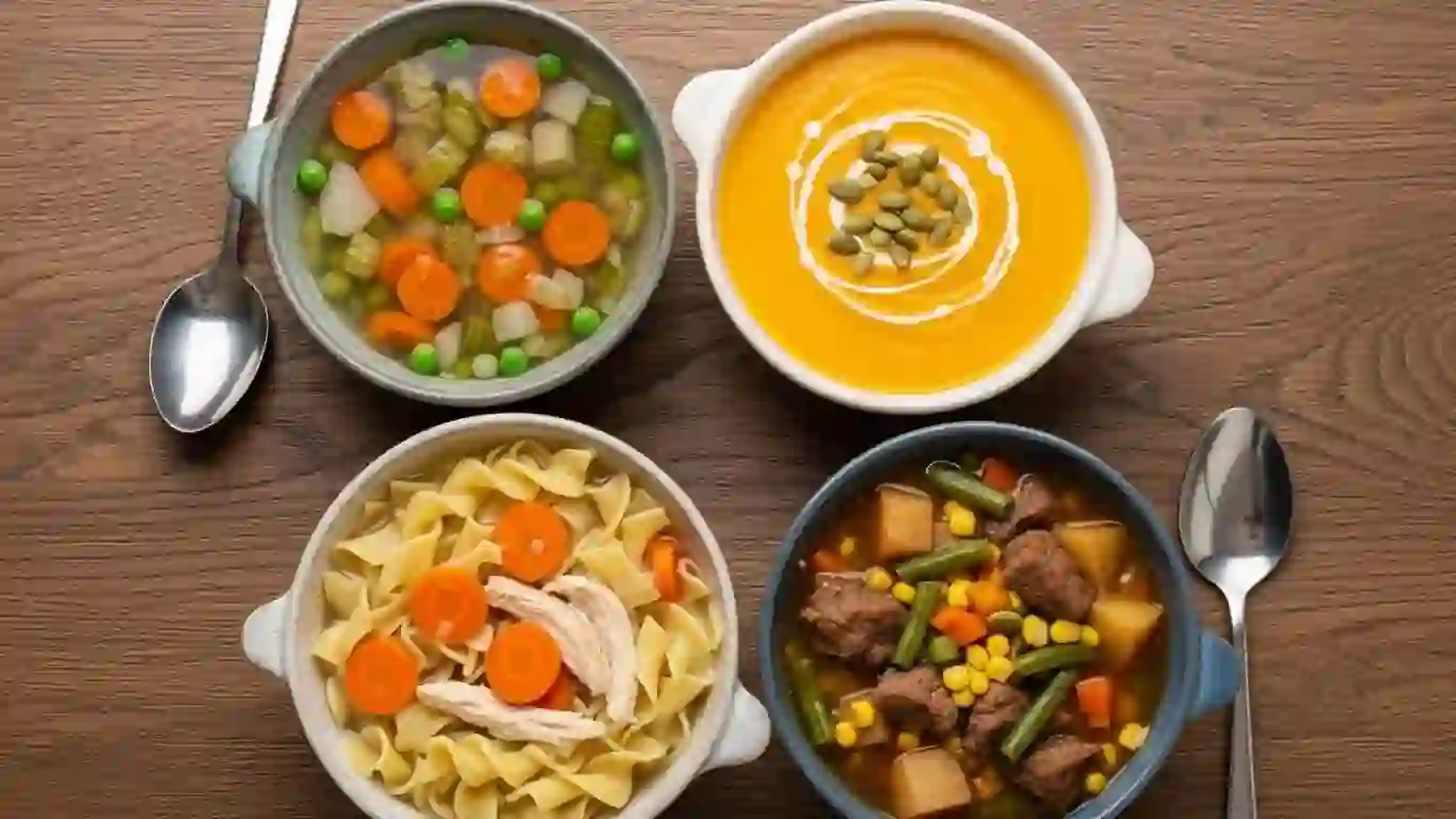 Assorted soup recipes in cozy bowls on a rustic wooden table