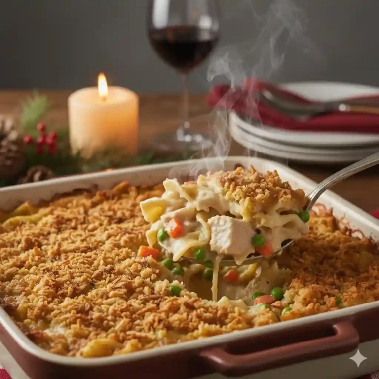 The ultimate Creamy Turkey Casserole Recipe with a golden brown topping and savory filling.