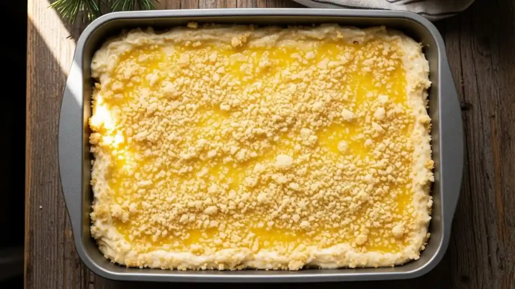 Casserole dish topped with Panko breadcrumbs, ready to be baked into a Creamy Turkey Casserole Recipe.