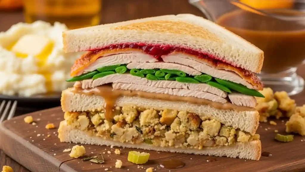 The ultimate Thanksgiving Leftover Sandwich cut in half, showing the "Moist-Maker" gravy layer.