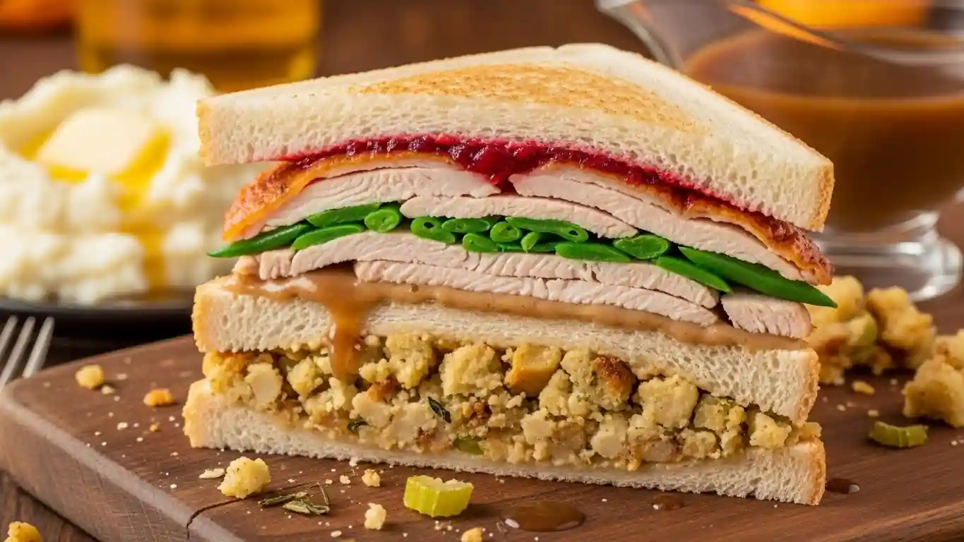 The ultimate Thanksgiving Leftover Sandwich cut in half, showing the "Moist-Maker" gravy layer.