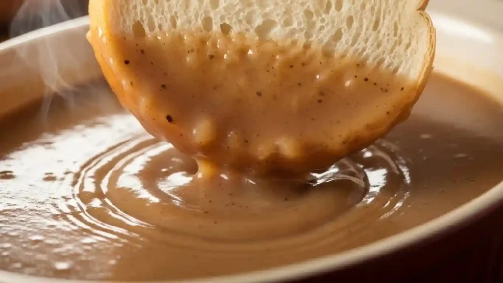 Soaking the middle slice of bread in warm gravy for the essential "Moist-Maker" Thanksgiving Leftover Sandwich.