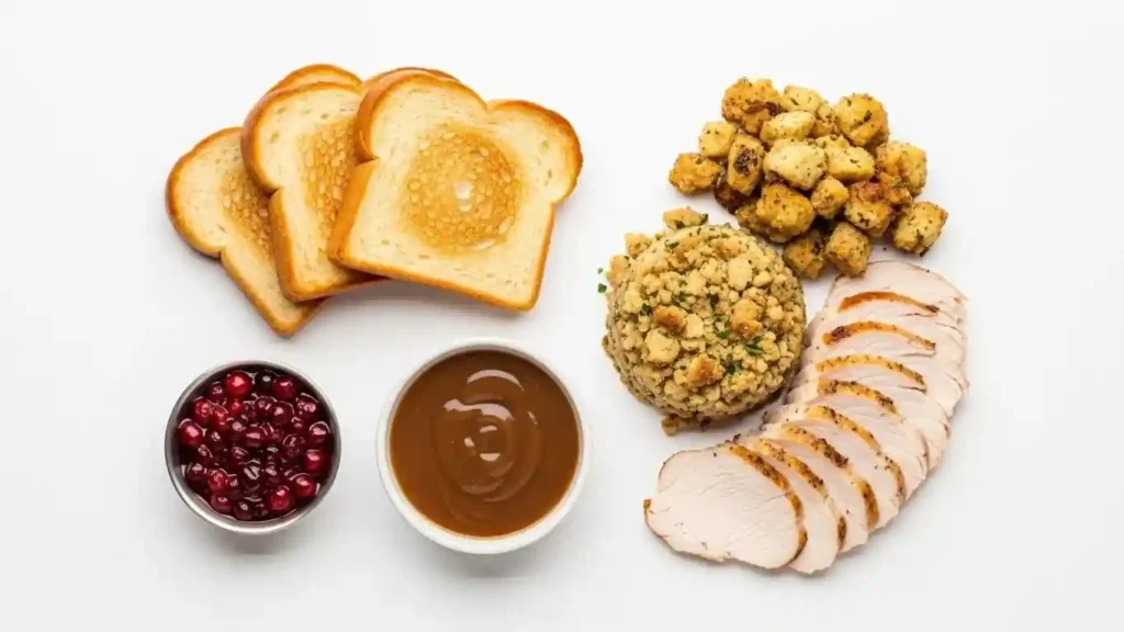 Key ingredients for making the Thanksgiving Leftover Sandwich recipe, including turkey and gravy.