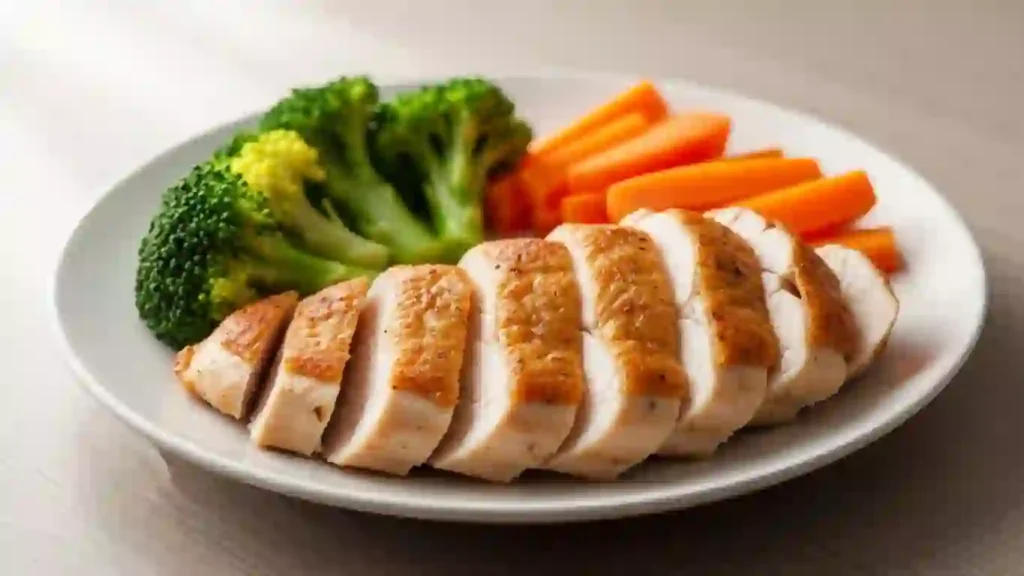 Air fryer chicken breast served with vegetables for a healthy meal