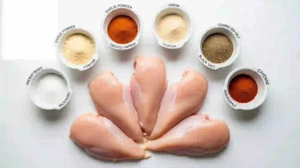 Ingredients for air fryer chicken breast including chicken breasts and seasoning spices