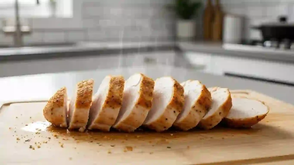 Juicy air fryer chicken breast sliced on a cutting board, perfectly cooked and tender