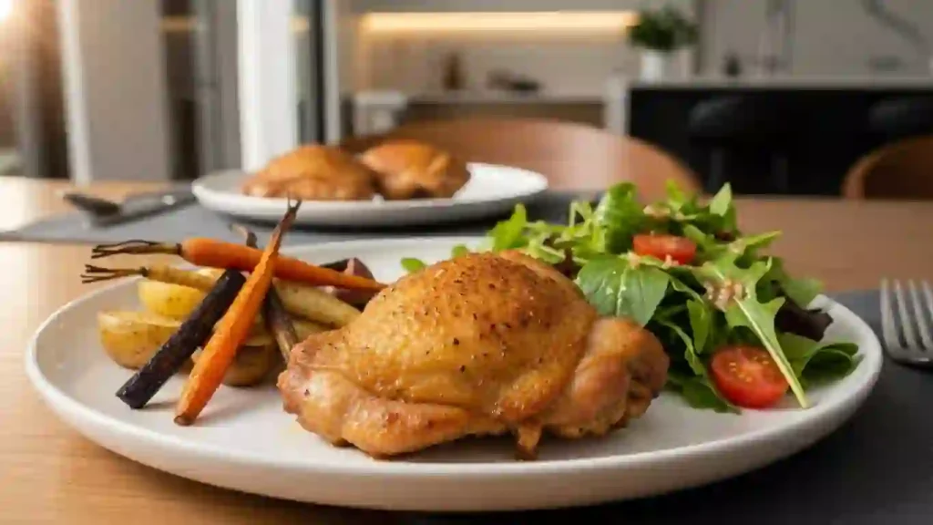 Air fryer chicken thighs served with sides on a modern dinner table