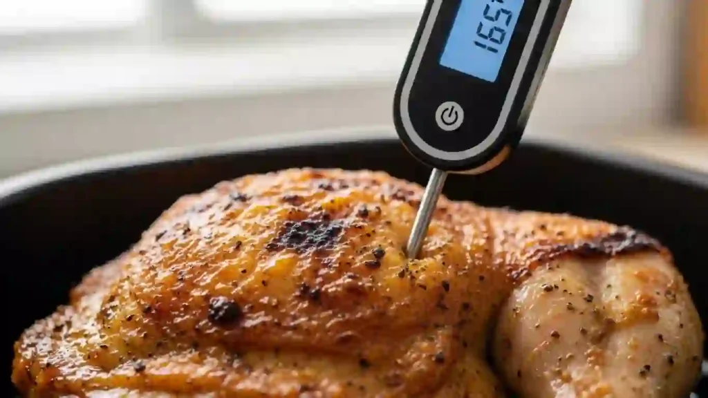 Meat thermometer showing 165°F inserted into a cooked chicken thigh with crispy skin
