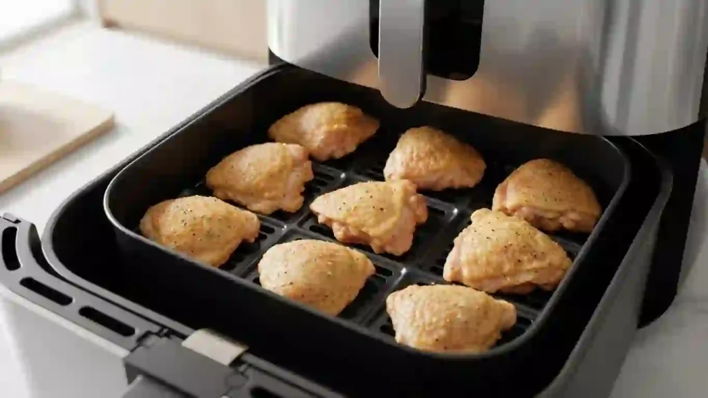 Chicken thighs arranged in a single layer in an air fryer basket for even cooking
