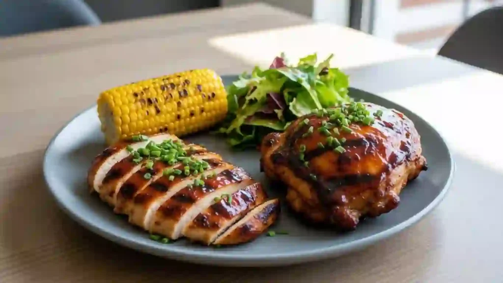 BBQ chicken marinade finished dish with glossy grilled chicken served on a modern plate with simple sides.