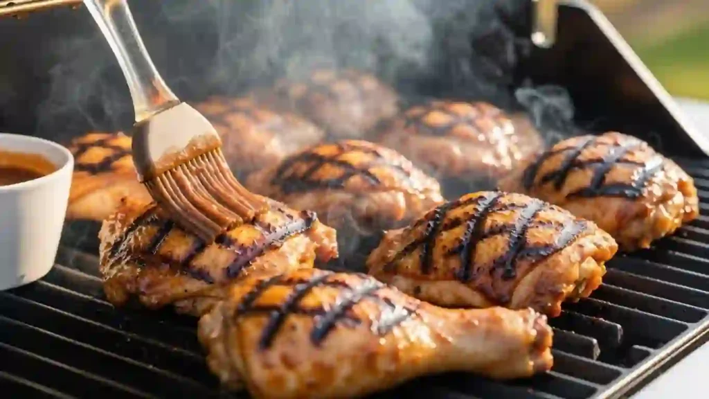 BBQ chicken marinade brushed onto chicken on the grill for a sticky caramelized crust and juicy texture.