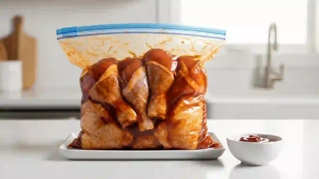 BBQ chicken marinade coating chicken pieces in a zip-top bag on a tray, ready to chill and absorb flavor.