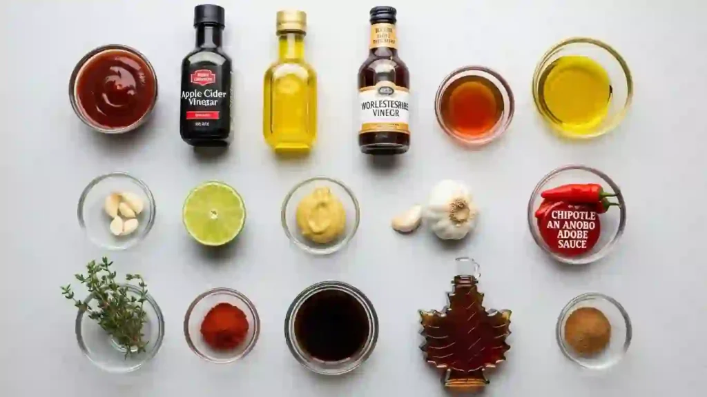 BBQ chicken marinade ingredients arranged in a modern flat lay with BBQ sauce, olive oil, vinegar, spices, honey, mustard, and garlic.