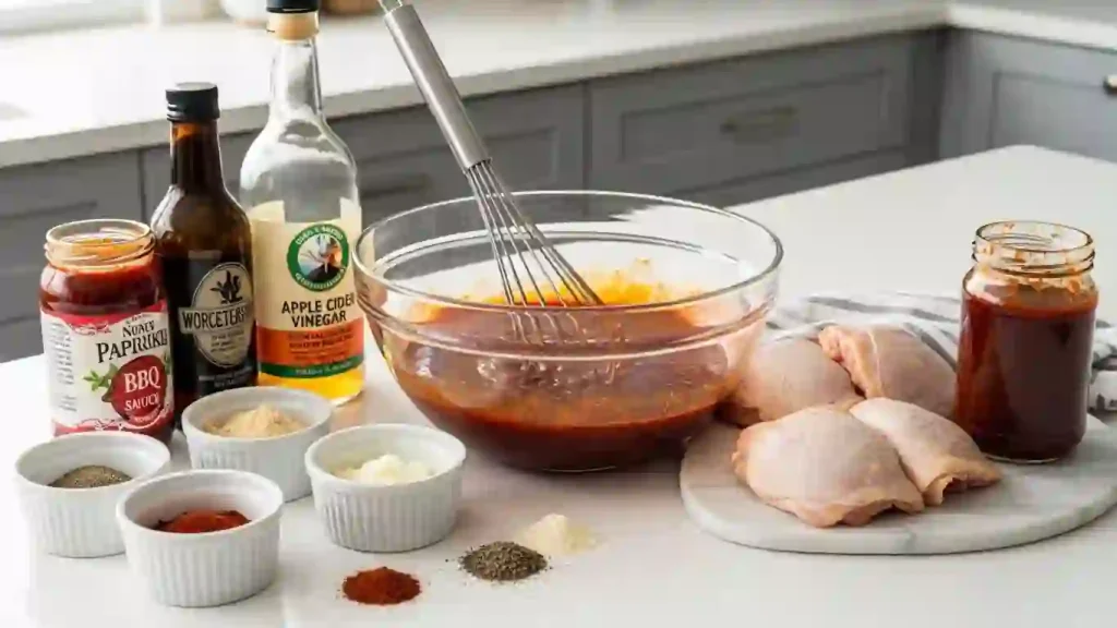 BBQ chicken marinade whisked in a glass bowl on a modern kitchen counter with spices and chicken ready to marinate.