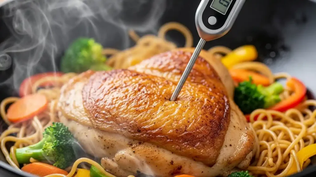 Checking chicken temperature with a thermometer while making chicken lo mein