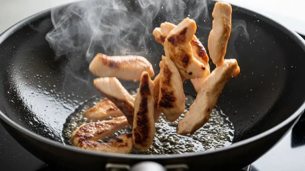 Sliced chicken cooking in a wok for chicken lo mein