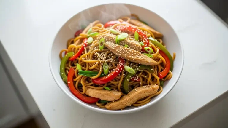 Chicken lo mein noodles with chicken, bell peppers, green onions, and sesame seeds in a bowl