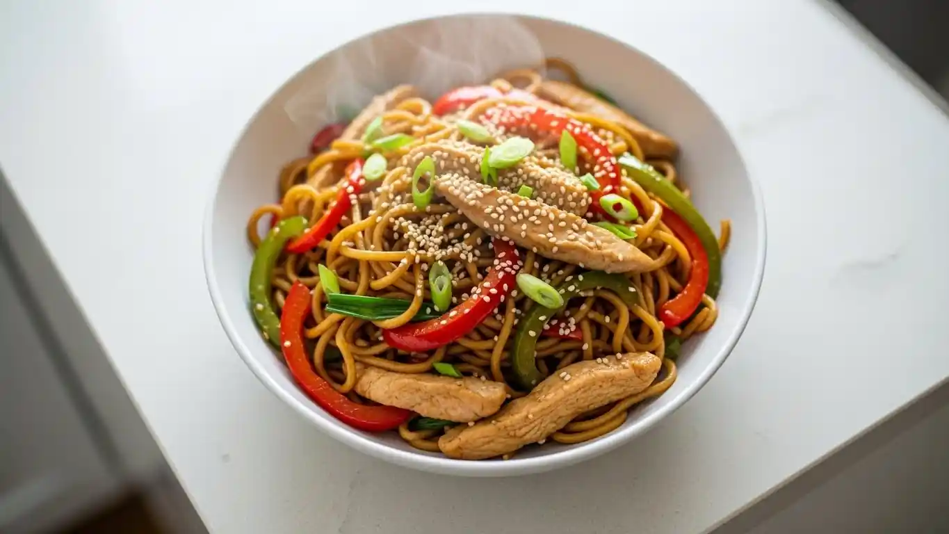 chicken lo mein noodles with chicken and vegetables in a bowl