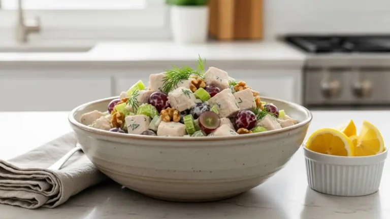 Creamy chicken salad in a bowl with grapes, celery, and dill