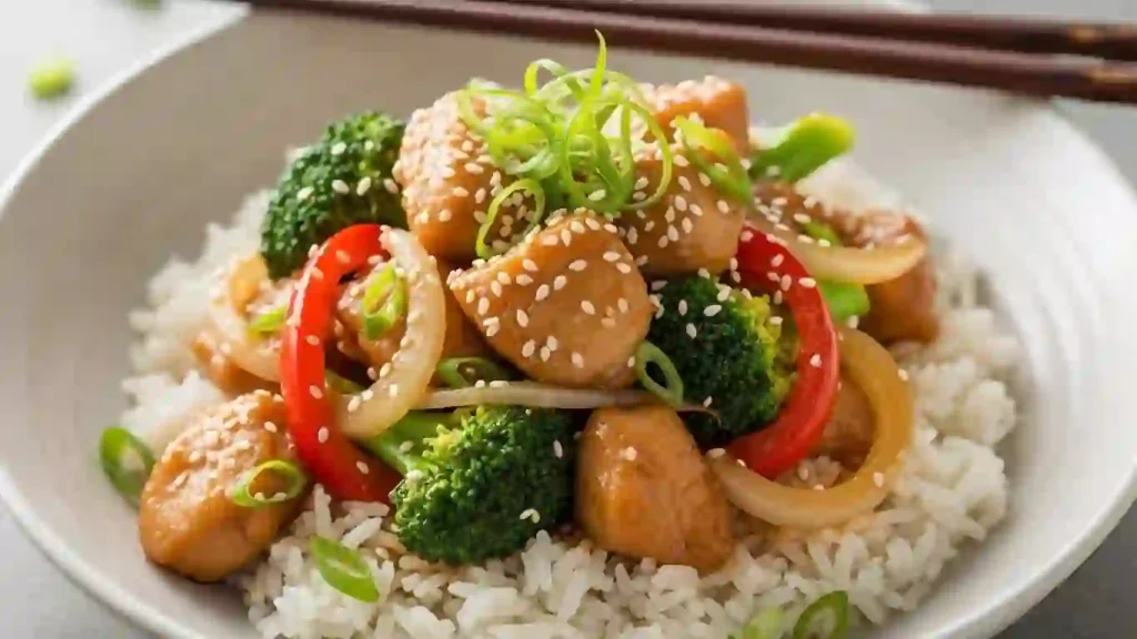 Garlic ginger chicken stir-fry served over rice with green onions and sesame seeds