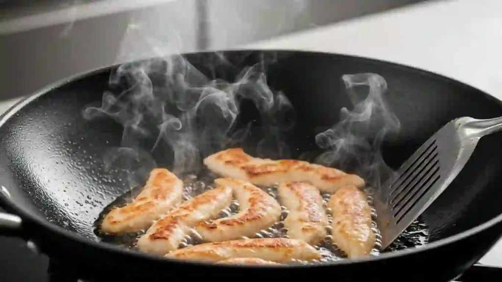 Chicken searing in a hot wok for garlic ginger chicken stir-fry
