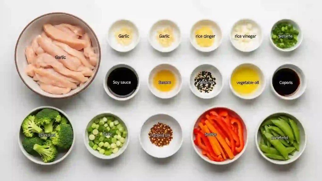 Ingredients for garlic ginger chicken stir-fry including chicken, garlic, ginger, soy sauce, and fresh vegetables