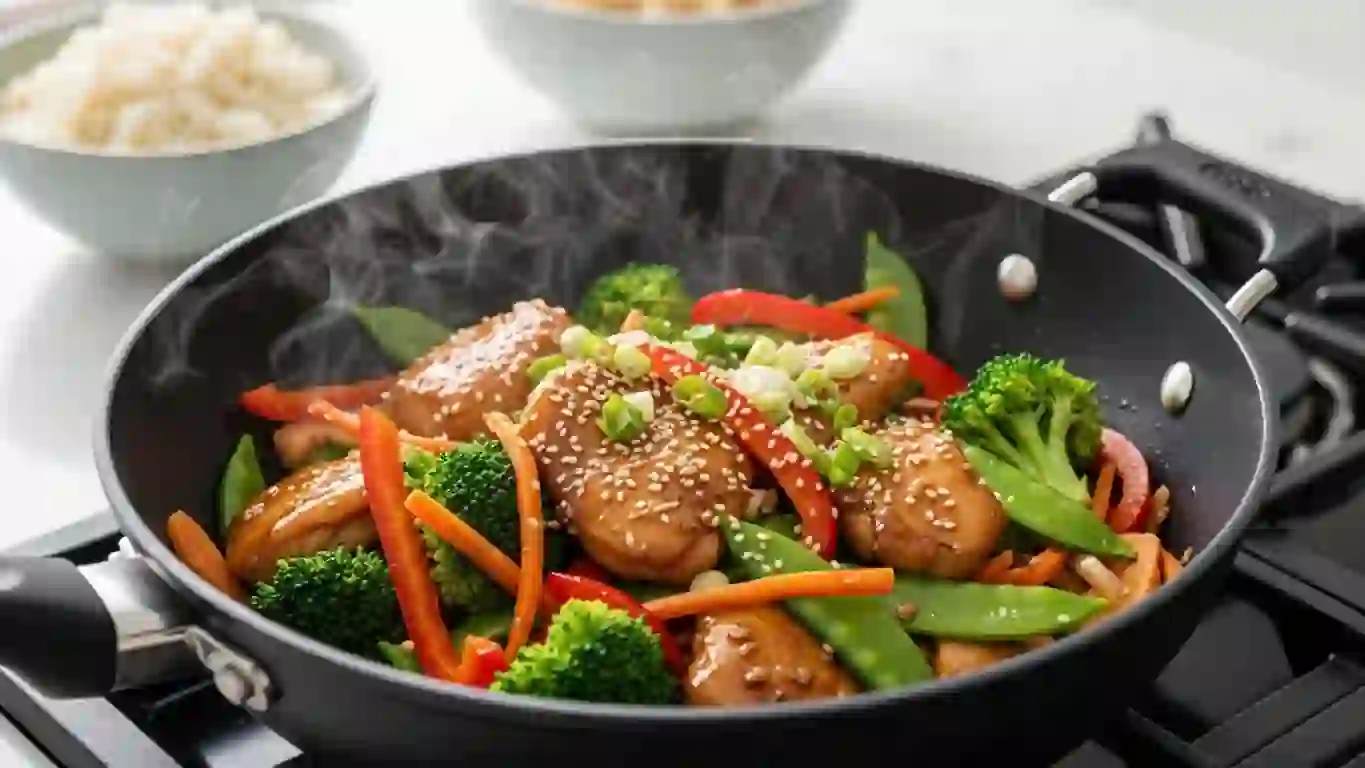 garlic ginger chicken stir-fry served with crisp vegetables