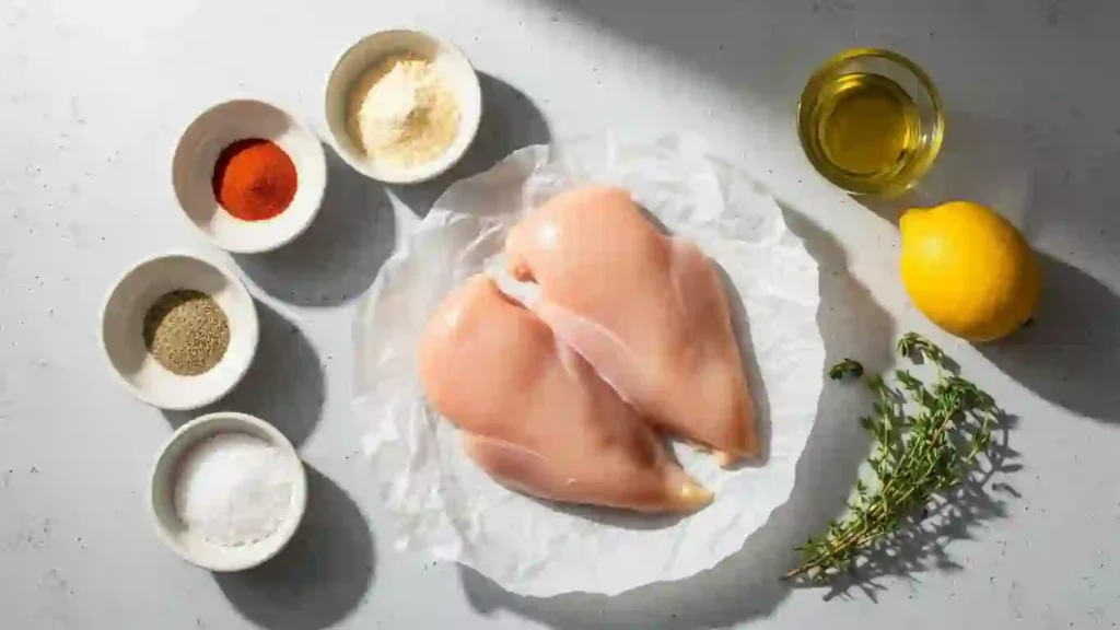Ingredients laid out for grilled chicken breast seasoning and grilling
