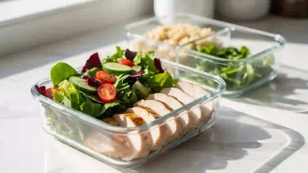 Marinated grilled chicken meal prep in a glass container for easy lunches and dinners.