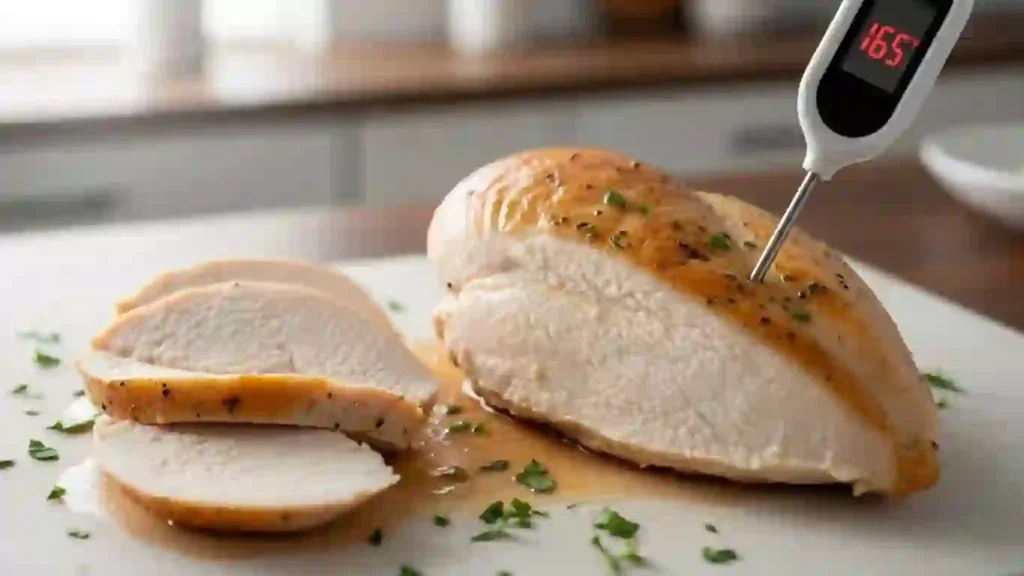 Marinated grilled chicken checked with a thermometer at 165°F for safe, juicy doneness.