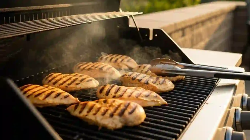 Marinated grilled chicken on the grill developing char marks over direct heat in a modern setting.
