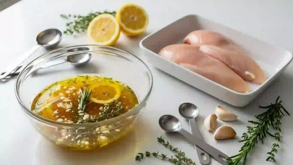 Marinated grilled chicken base marinade with lemon, garlic, rosemary and thyme in a modern kitchen.