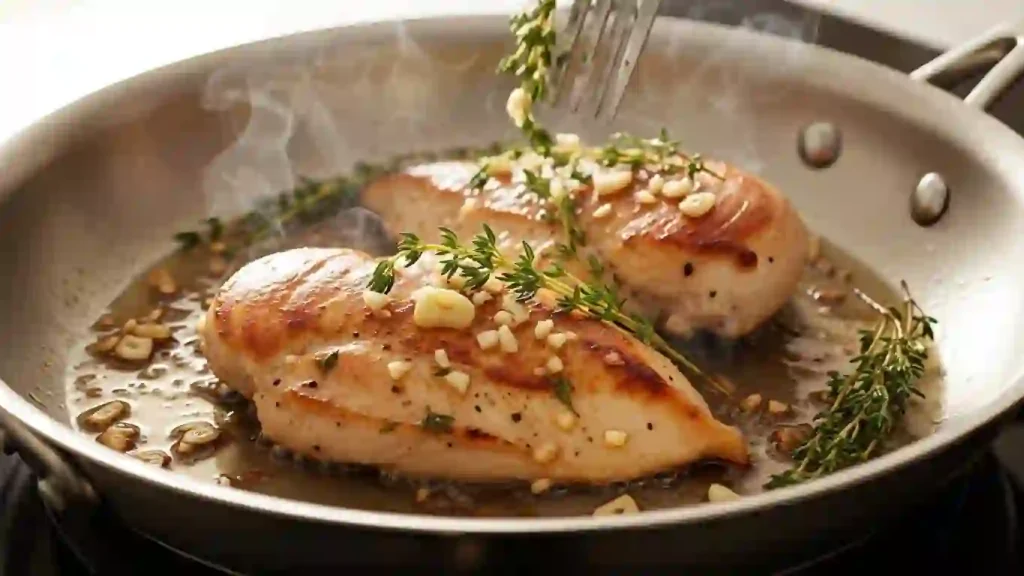 Pan fried chicken finishing in a skillet with thyme and garlic added near the end