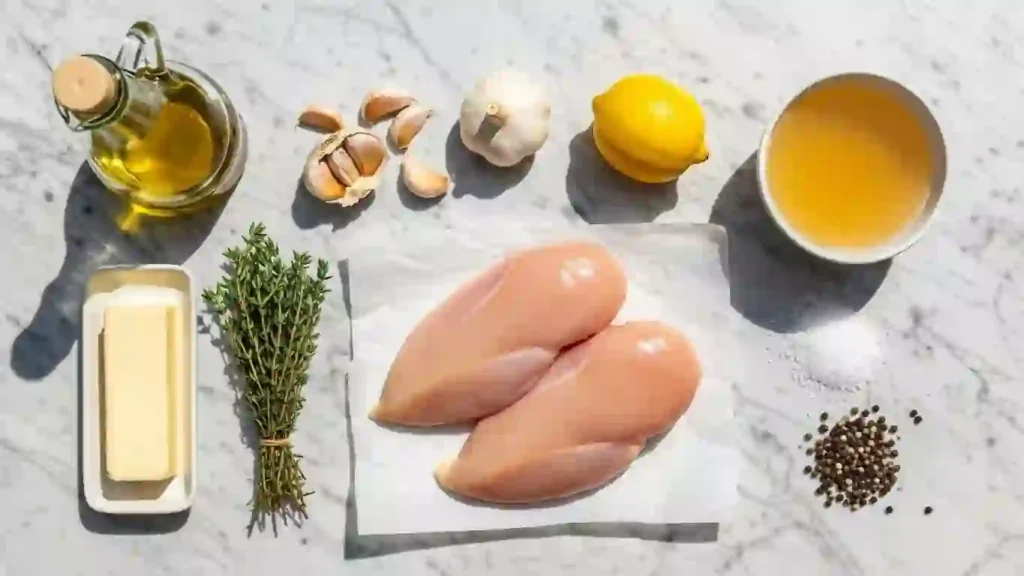 Ingredients for pan fried chicken on a countertop with lemon, garlic, thyme, and broth