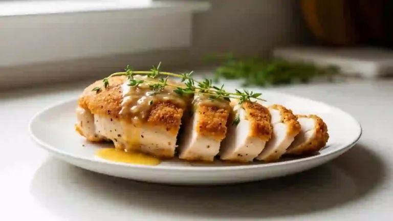 Pan fried chicken breast with golden crust and lemon pan sauce on a plate