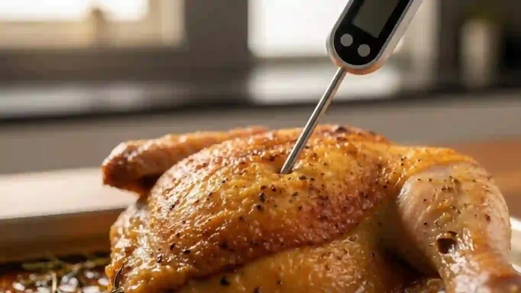 Checking roasted chicken thighs with an instant-read thermometer for safe, juicy doneness.