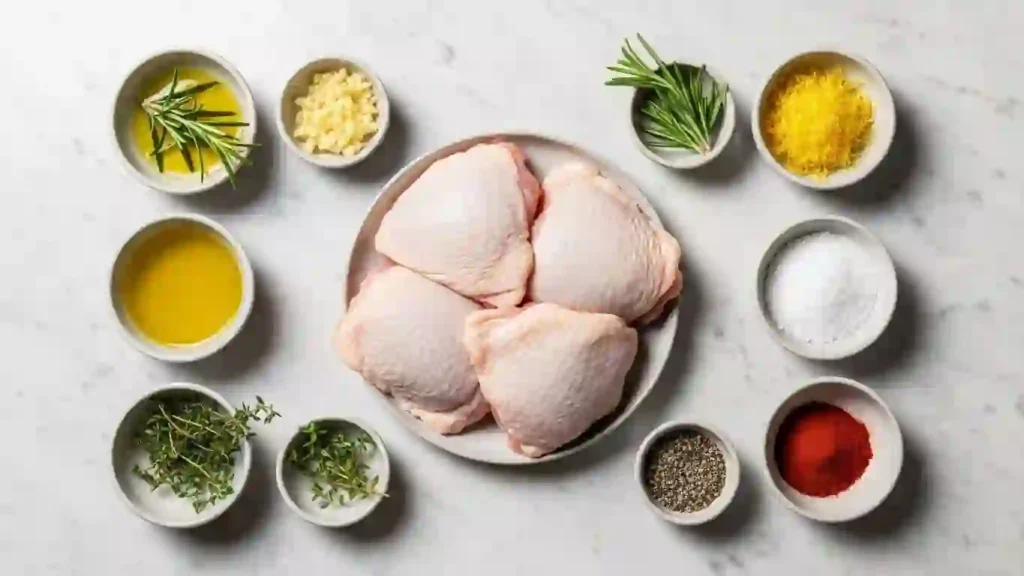 Ingredients for roasted chicken thighs arranged on a modern countertop with herbs, garlic, lemon, and spices.