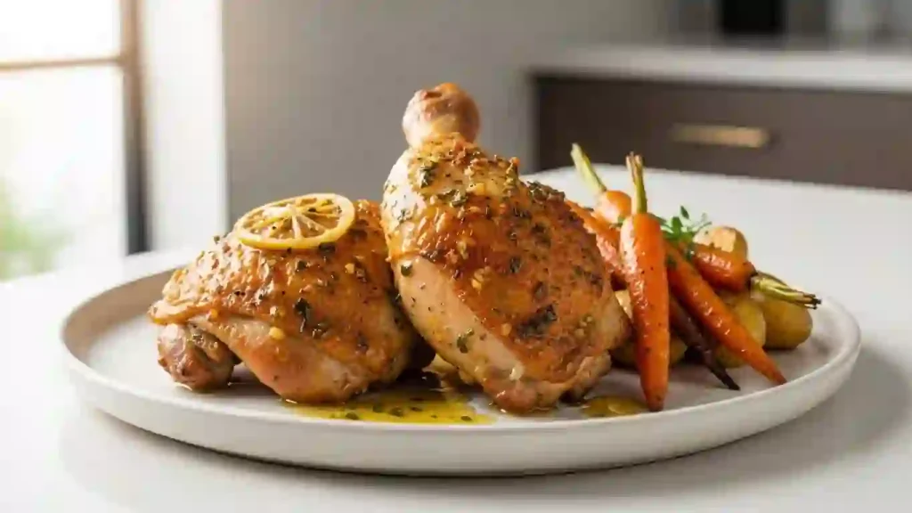Roasted chicken thighs with golden crispy skin served on a modern plate with herb-lemon juices.