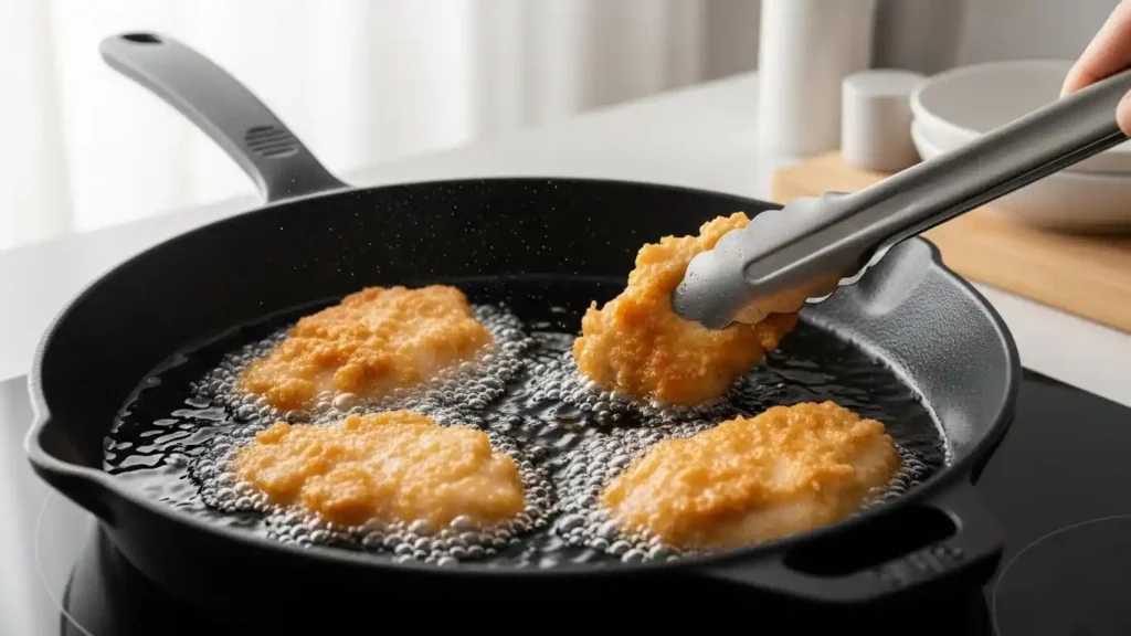 Golden crispy chicken pieces pan-frying in a skillet