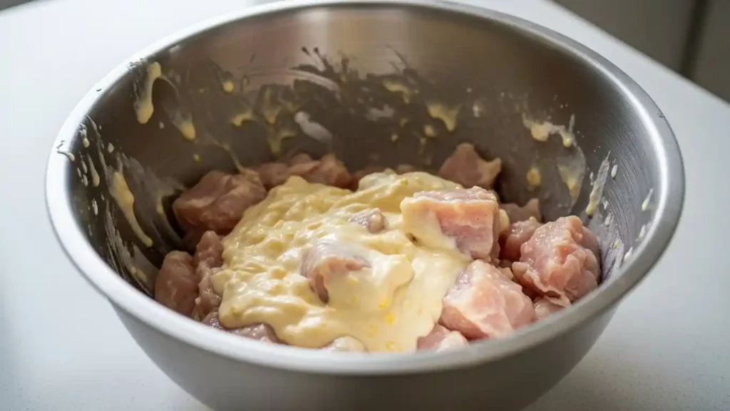 Chicken cubes coated in batter in a mixing bowl before frying