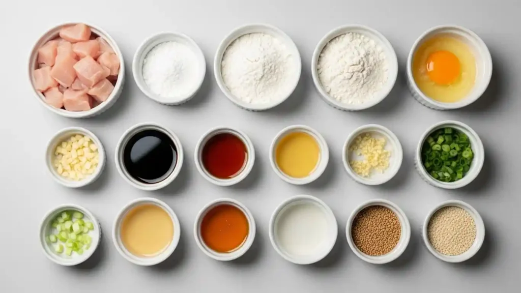 Ingredients for sesame chicken arranged in small bowls on a clean surface