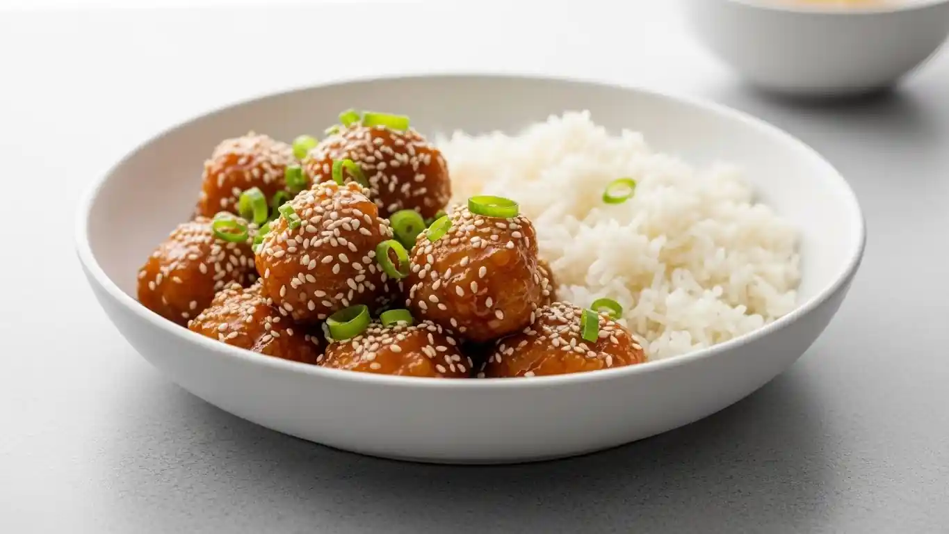 crispy sesame chicken bites coated in sweet savory sauce with sesame seeds and green onions