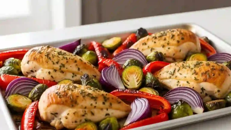 Sheet pan chicken with roasted vegetables on a baking tray