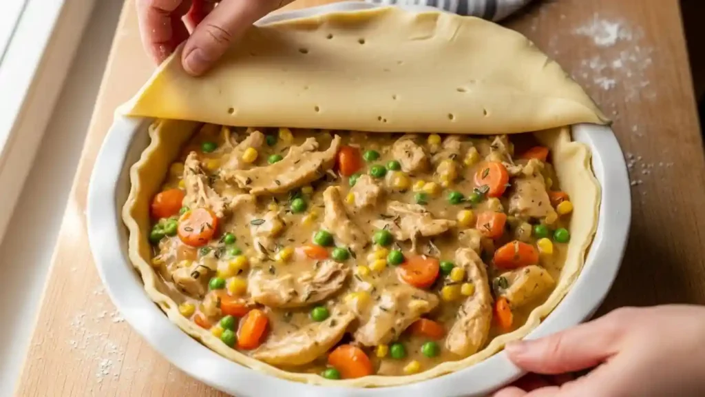 Assembling the creamy turkey pot pie recipe with puff pastry crust in a ceramic dish.